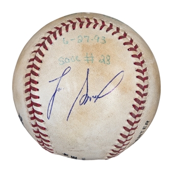 1993 Lee Smith Game Used/Signed Career Save #383 Baseball Used on 06/27/93 (Smith LOA)